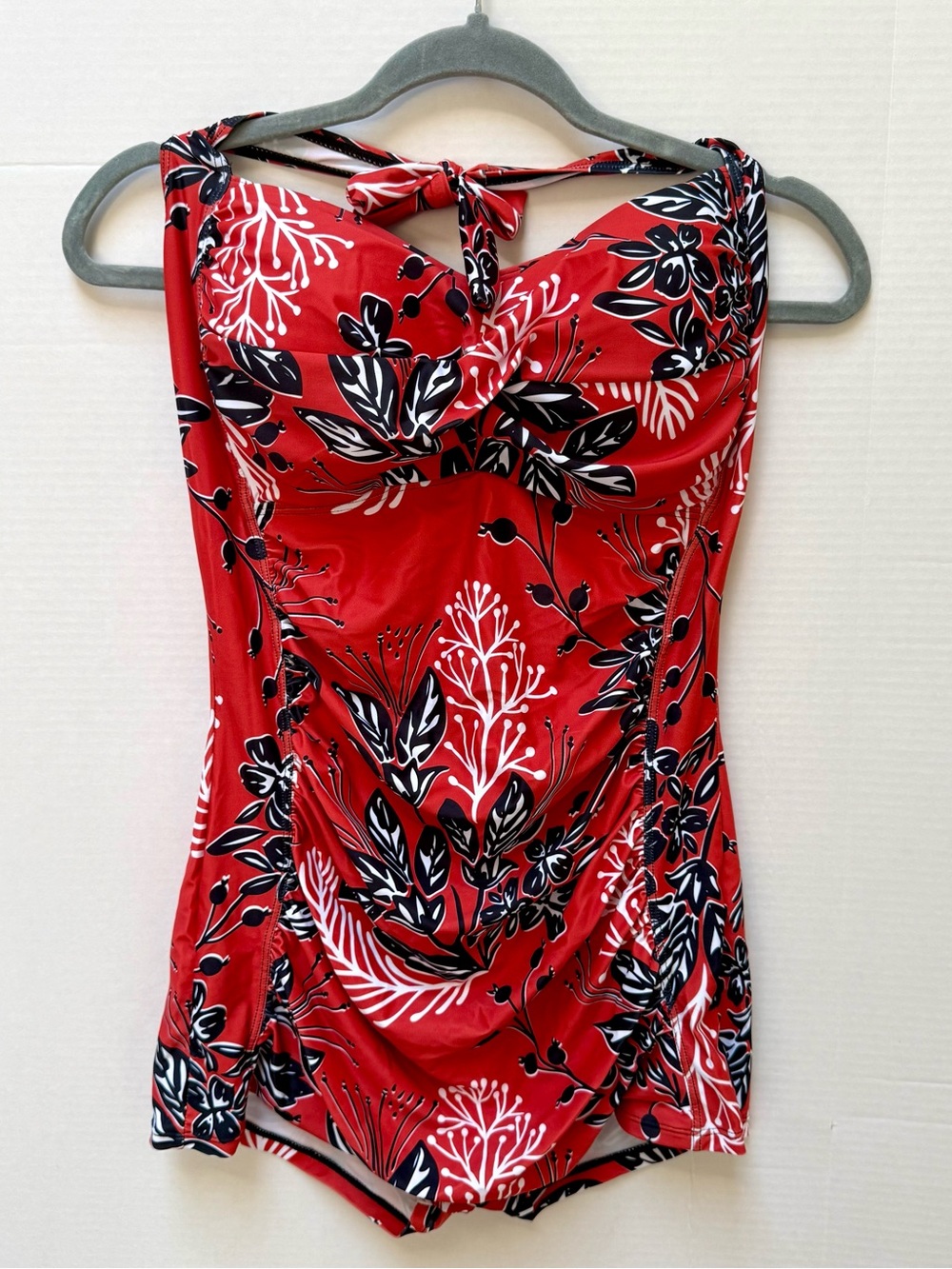 RETRO SWIMSUIT 40S BOMBSHELL HALTER RED RUCHED ONE PIECE FLORAL LINED SIZE XXL